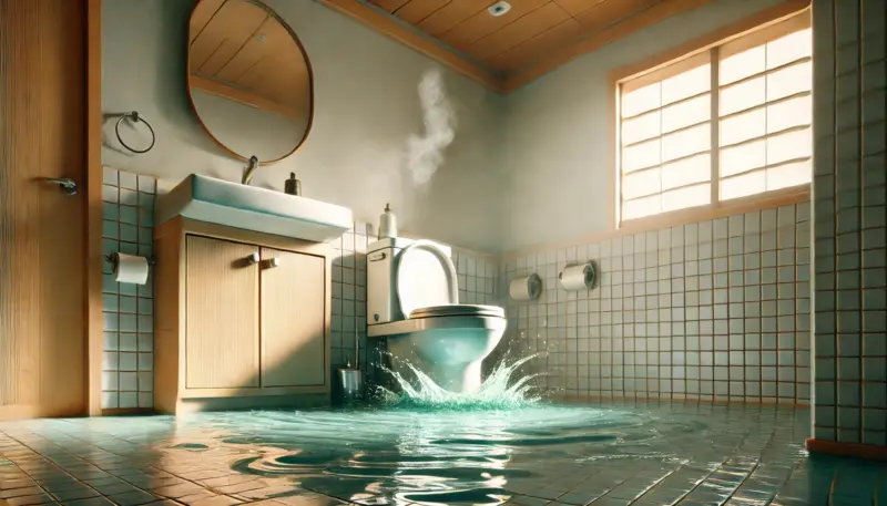 トイレ便器から水があふれ床が水びだしになるイメージ