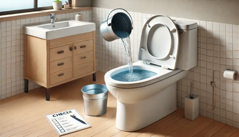 トイレ便器にバケツの水を入れるイメージ