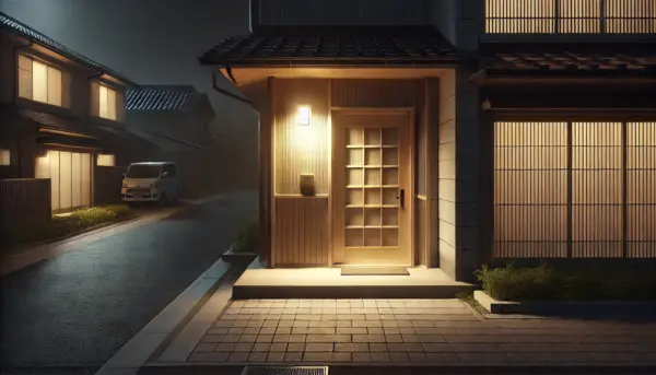 暗い夜中、玄間外灯転倒イメージ