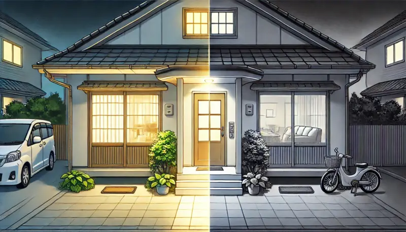 明かりがある家と、暗い家比較イメージ