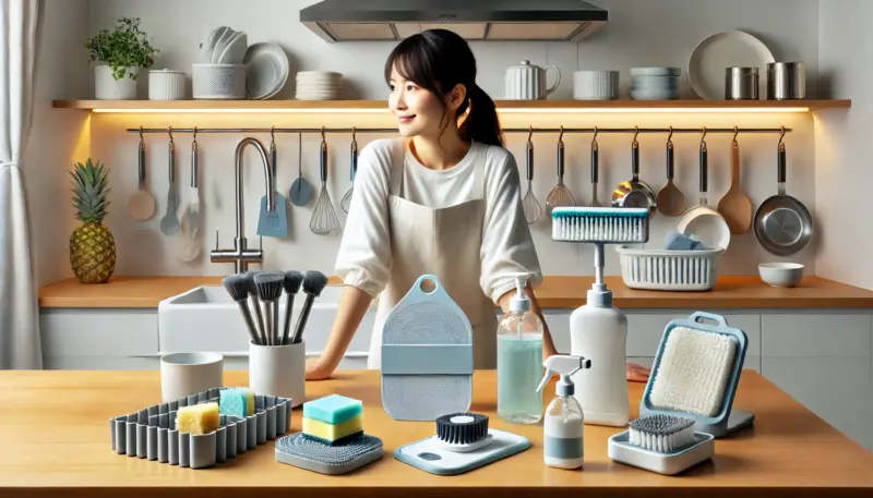 机に洗剤、スポンジ、掃除道具イメージ