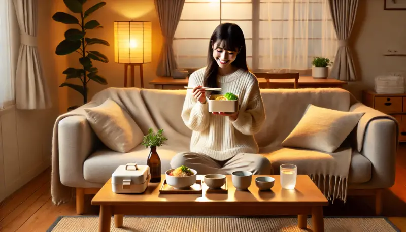 ソファーで弁当食べる女性イメージ