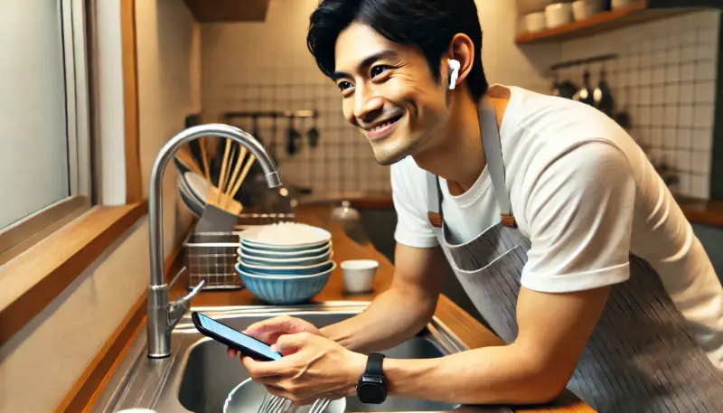 音楽を聴きながら食器洗いする男性イメージ