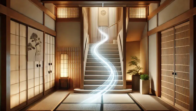 玄関開けるとすぐに階段があり、風が抜けるイメージ