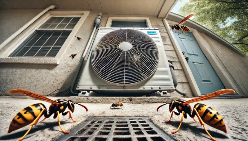 玄関近くに室外機、中に蜂がいる様子イメージ