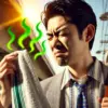 炎天下顔から出る汗をタオルで拭く男性イメージ