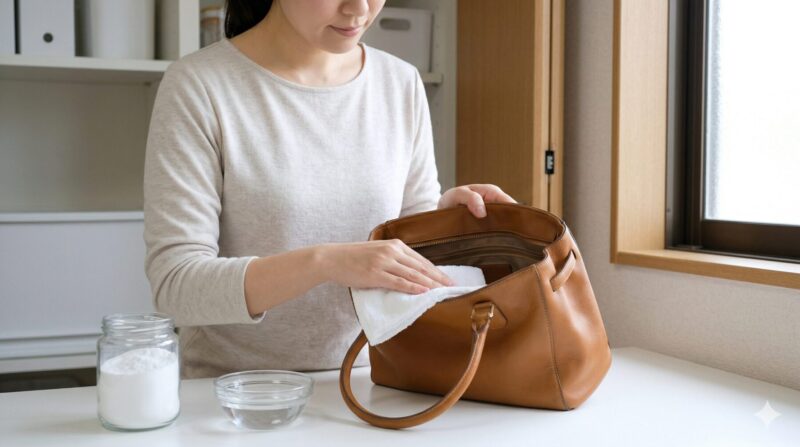 重曹と水拭きでカビ臭い革バッグの内側を丁寧に拭き掃除する日本人女性