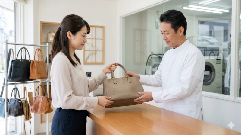 日本の高級ブランドクリーニング店でカビが生えた革バッグをプロに渡す日本人女性