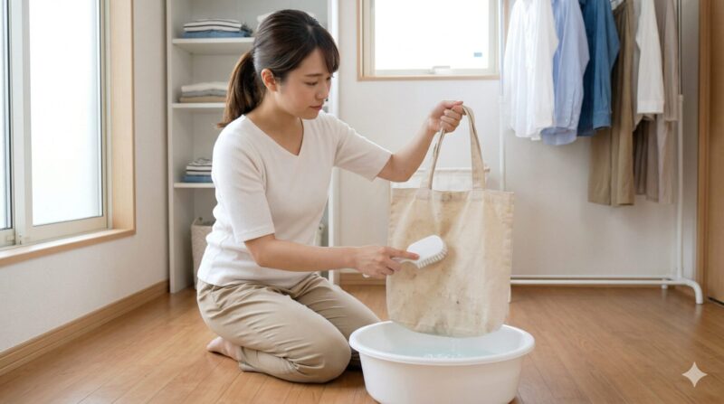 ランドリーでカバンを洗濯表示に従って手洗いする日本人女性