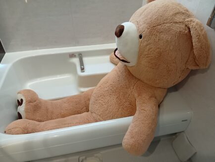 コストコの大きいクマのぬいぐるみが浴槽に入れてる様子