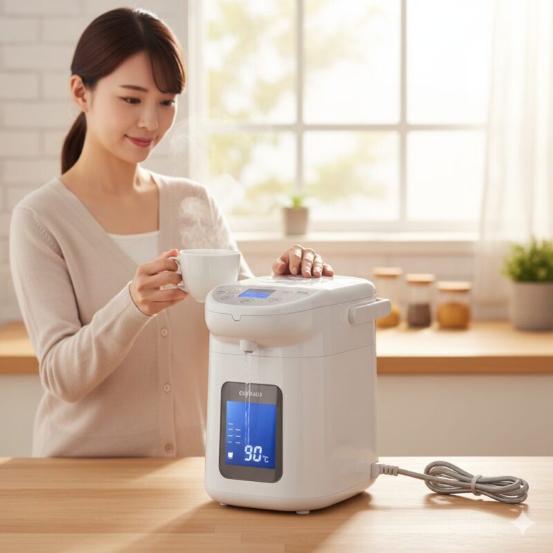 電気ポットでコーヒーを飲む女性イメージ