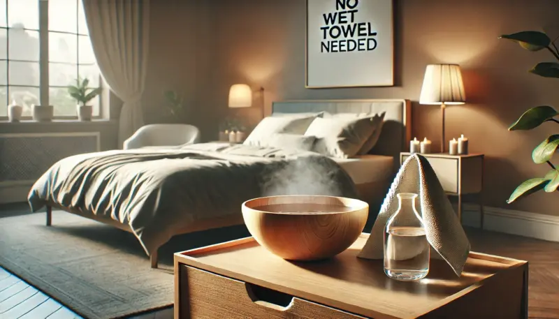 寝室ベットの付近に水を入れた容器で加湿するイメージ