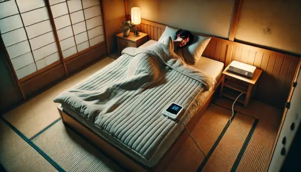 冬の日本の寝室で、電気毛布により快適に眠る人物と、暖かく整えられた布団の様子