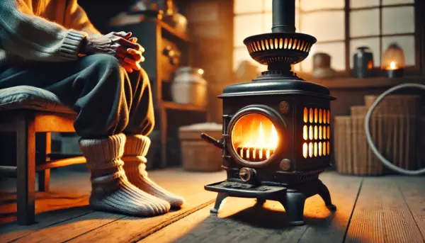 石油ストーブの輻射熱で足元や体がじんわり暖まる日本の冬の室内風景