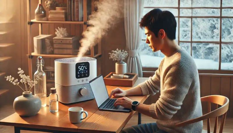 冬の和風ホームオフィスで、パソコンから距離を取って設置された加湿器と湿度計を確認する日本人男性の様子。加湿器は床より低い位置で安全に配置されている。