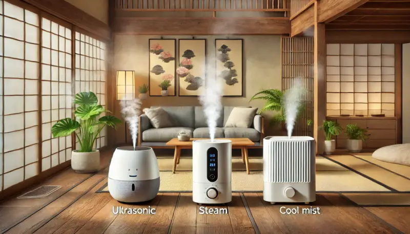 日本の室内に設置された3種類の加湿器（超音波式、スチーム式、気化式）が、それぞれ安全な場所に分けて配置されている様子。ミストの出方や形状でタイプの違いが視覚的にわかる構図。