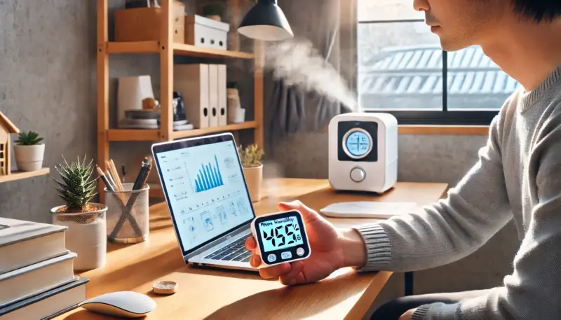 日本人男性が冬の室内でデジタル湿度計を使い、パソコン付近の湿度が45％であることを確認している様子。背景には適切に設置された加湿器が見える。