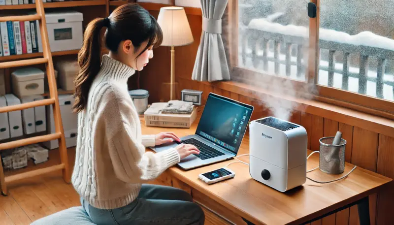 日本人女性が冬の室内で、木製デスクに置かれたノートパソコンの背面に小型の除湿剤を配置している様子。整頓された作業環境で、湿気対策が意識されている。