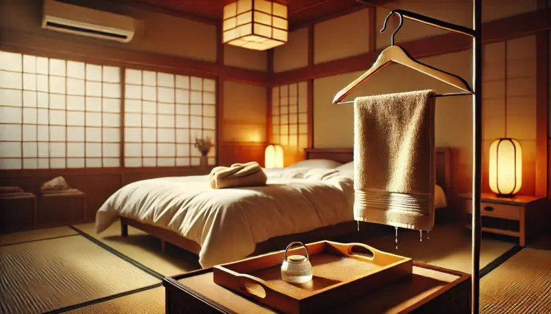 日本の冬の寝室で、ベッドの近くにハンガーに吊るした濡れタオルと、床に水滴受け用のトレーが設置された、安全で効果的な加湿配置の例。