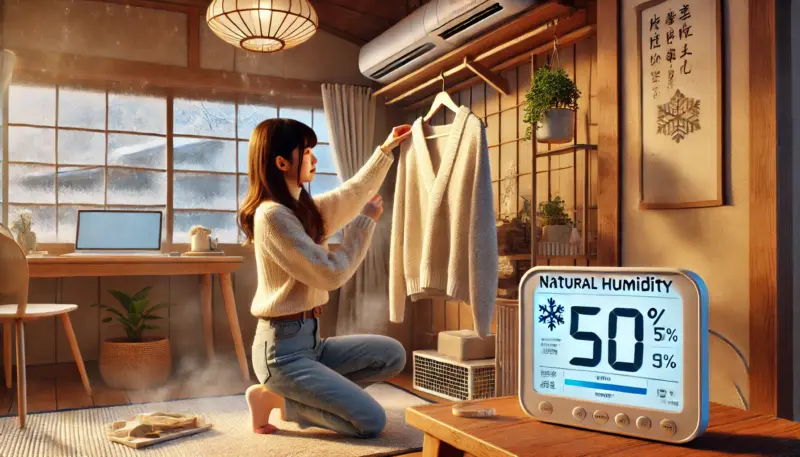 冬の日本の室内で、デジタル湿度計を確認しながら濡れタオルを吊るして自然加湿を行う日本人女性の様子。湿度管理と安全な配置が意識されている。