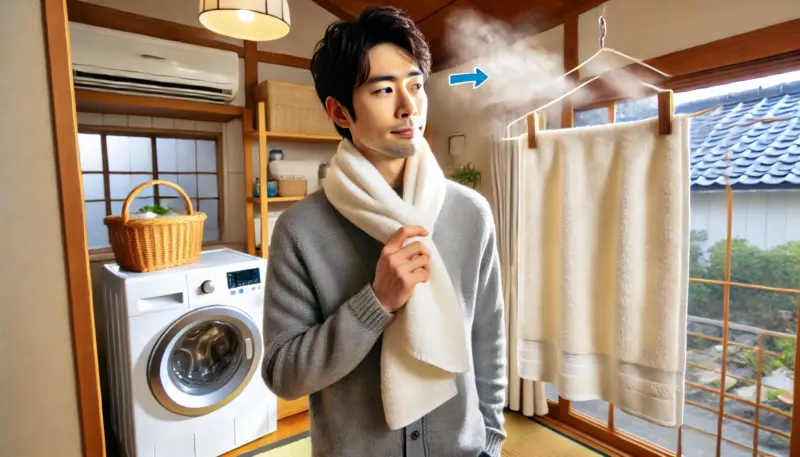 冬の日本の室内で、洗濯機の前に立つ日本人男性が使い古した濡れタオルのニオイを気にしている様子。通気の良い場所には清潔な白いタオルが干されている。