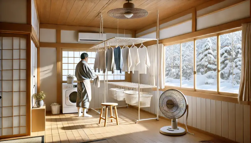 冬の日本の室内で、洗濯物を壁や窓から離して干し、扇風機で風を当てつつ、男性が窓を開けて換気している様子。湿気をこもらせず安全に部屋干し加湿を行っている。