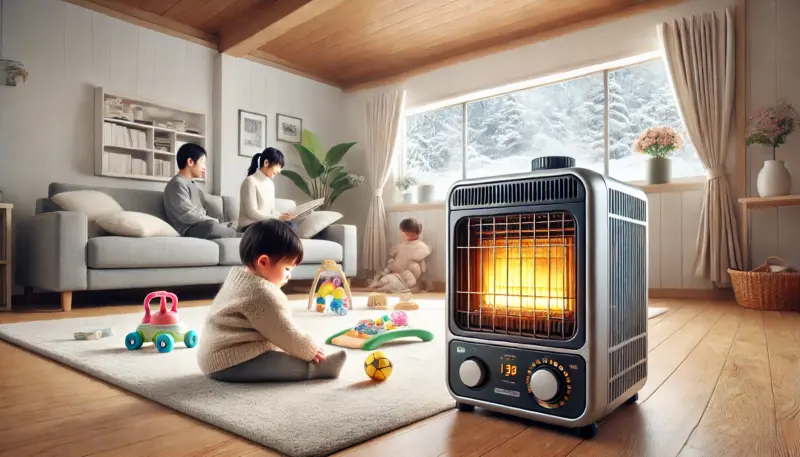 日本の冬のリビングで、チャイルドロック付きの石油ファンヒーターを安全な距離に設置し、子どもが安心して遊んでいる様子。家族の安心感が伝わる空間。