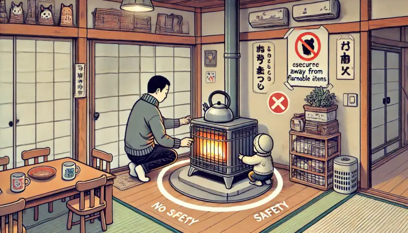 日本の家庭で、ストーブ周りに金属ガードがなく、子供が近寄りやけどの危険がある様子