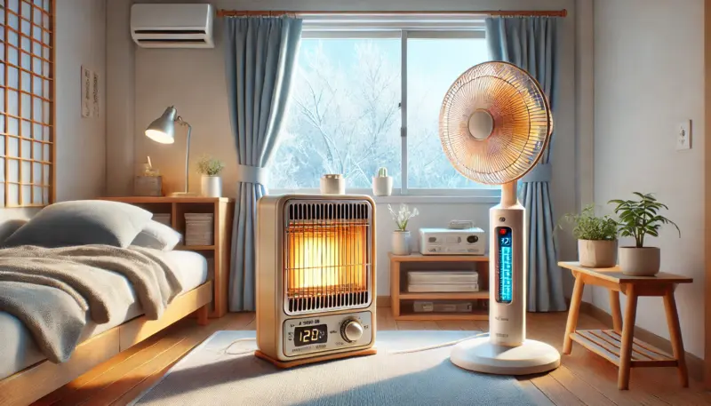 日本の冬のリビングで、石油ファンヒーターとサーキュレーターを併用し、暖気を効率よく循環させている様子。湿度計が適正な湿度を示し、節約と快適さの両立が図られている。