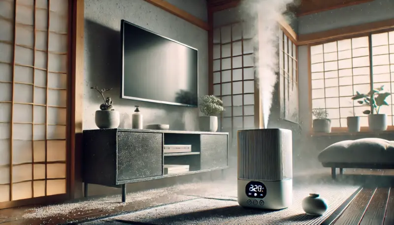 日本のリビングで、黒い家具やテレビ周辺に白い粉がうっすら積もっている様子。超音波式加湿器からミストが出ており、静電気で粉が付着している状態がわかる。