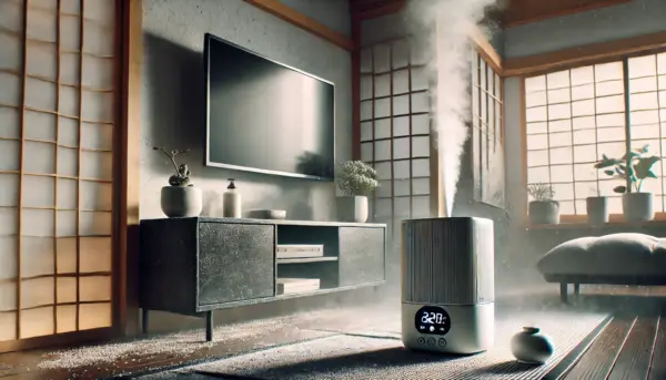 日本のリビングで、黒い家具やテレビ周辺に白い粉がうっすら積もっている様子。超音波式加湿器からミストが出ており、静電気で粉が付着している状態がわかる。