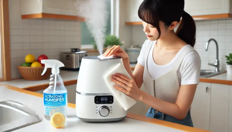 日本人女性がキッチンで超音波式加湿器の吹き出し口を乾いた布で丁寧に拭いている。そばにはクエン酸を使った掃除用の容器もあり、衛生的な日常の手入れを表している。