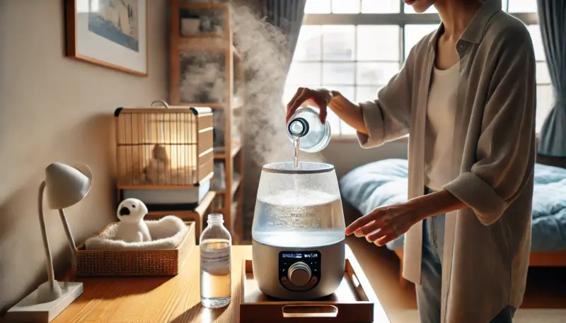 日本の家庭で、精製水を加湿器に注ぐ様子。部屋には小さなデスクとペット用ケージがあり、水の質に配慮した安全な使用環境を示している。