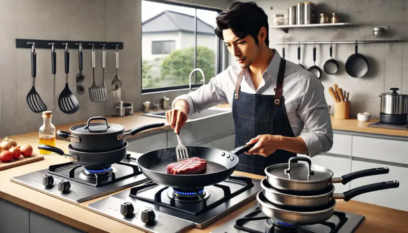 日本人男性が厚底のフライパン（ティファール風）で肉を均一に焼きながら調理している様子。隣には重ね収納された取っ手付きの調理器具が並んでいる。