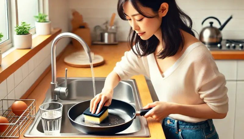 日本人女性が明るいキッチンで、フライパンを傷つけないよう柔らかいスポンジとぬるま湯で丁寧に手洗いしている様子。