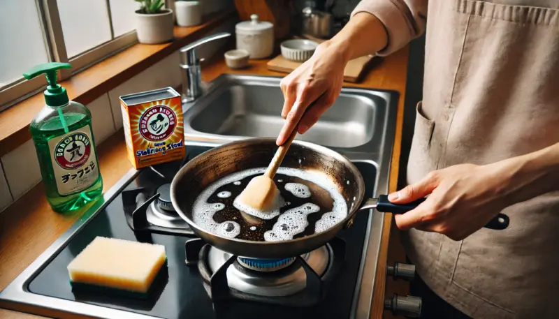 日本人がステンレスフライパンに重曹と水を入れて温め、焦げを浮かせて落とす丁寧な手入れの様子。金属たわしは使っていない。