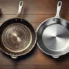 日本のキッチンで並べられた2つのステンレスフライパン。片方は表面がくすんで傷や焦げ跡が目立ち、もう一方は新品のように滑らかで清潔。
