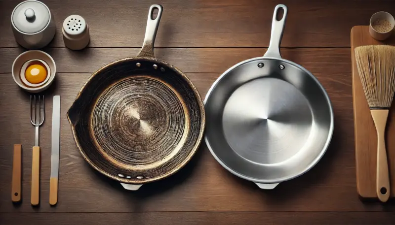 日本のキッチンで並べられた2つのステンレスフライパン。片方は表面がくすんで傷や焦げ跡が目立ち、もう一方は新品のように滑らかで清潔。