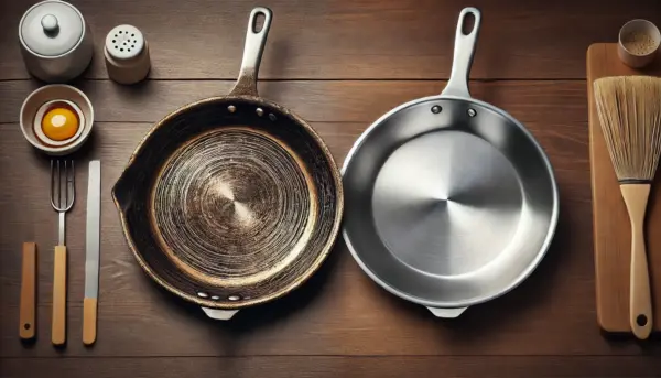 日本のキッチンで並べられた2つのステンレスフライパン。片方は表面がくすんで傷や焦げ跡が目立ち、もう一方は新品のように滑らかで清潔。