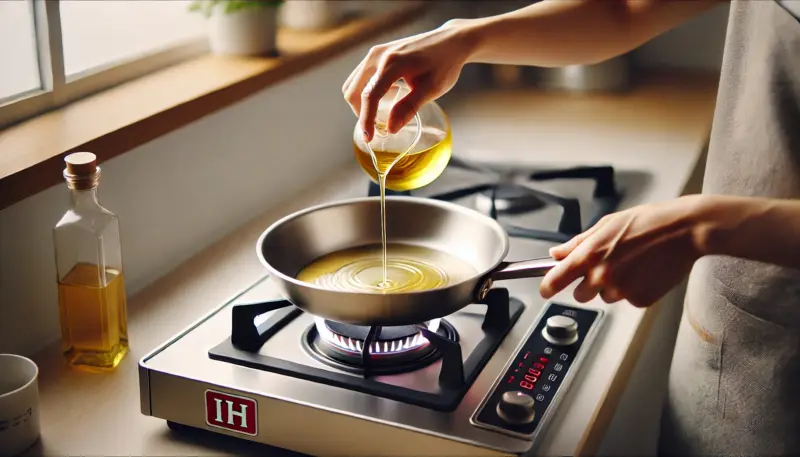 日本人がIHコンロでステンレスフライパンを中火で加熱し、油がムラなく広がる理想的な予熱状態を保っている様子。
