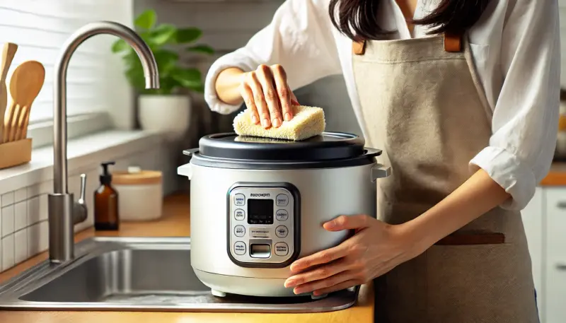 日本人が明るいキッチンで炊飯器の内ぶたや内釜を丁寧に掃除している様子。掃除のしやすさと清潔感を伝えるシーン