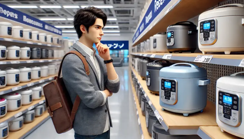 日本の家電量販店で、コンパクトな炊飯器と高級感のある炊飯器を比較しながら検討している日本人の買い物客。