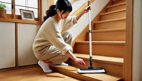 日本人女性が短いヘッドのモップを使い、木製の階段の角や端をスムーズに掃除している様子。狭い場所での操作性が高いことがわかる。