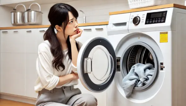 日本人女性が洗濯機のふたを開け、洗濯物が汚れたままで落ちていないことにがっかりしている様子。泡立たない洗剤への不満が表れている。