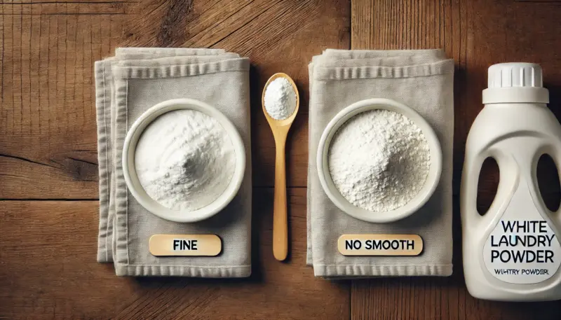 木製テーブルの上に置かれた2種類の白い粉末洗剤。片方は粒子が細かく滑らか、もう一方は粒が粗くザラザラしており、スプーンと一緒に比較されている。