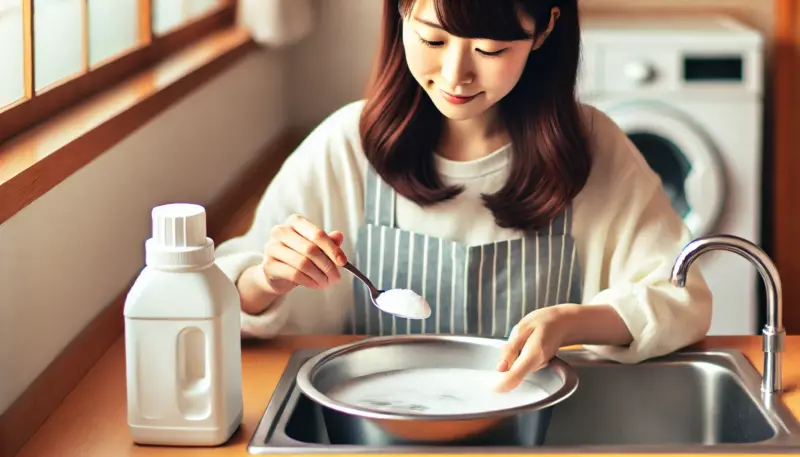 日本人女性が洗面器に入れたぬるま湯に粉末洗剤を溶かしている様子。スプーンで丁寧にかき混ぜながら、洗剤を完全に溶かしている。