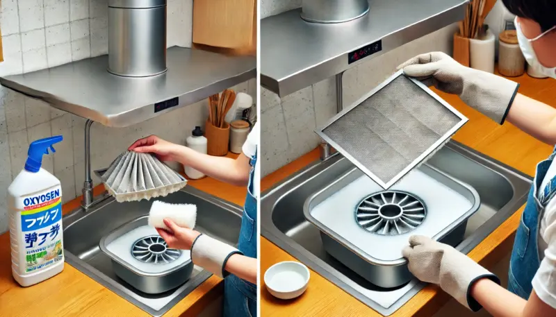 日本のキッチンで、レンジフードのフィルターに付着した油汚れを液体洗剤でこすり洗いし、別の洗面器で酸素系漂白剤に浸け置きして仕上げている様子。
