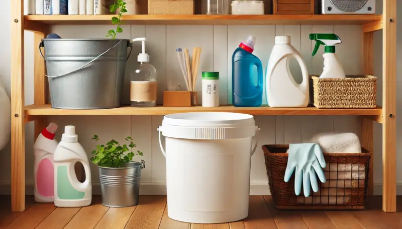 日本の家庭内の収納棚に、白い無地の洗剤容器やバケツ、ゴム手袋、計量スプーンなどが整然と並べられている様子。毎日の掃除や洗濯にすぐ使えるように準備されている。
