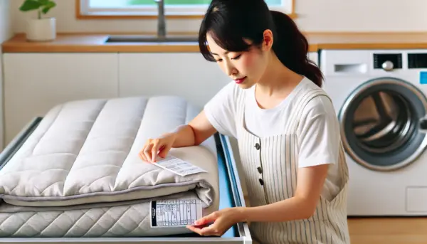 日本人女性がこたつ布団の洗濯表示タグを丁寧に確認している様子。明るい洗濯室で、洗濯前の確認をしている場面