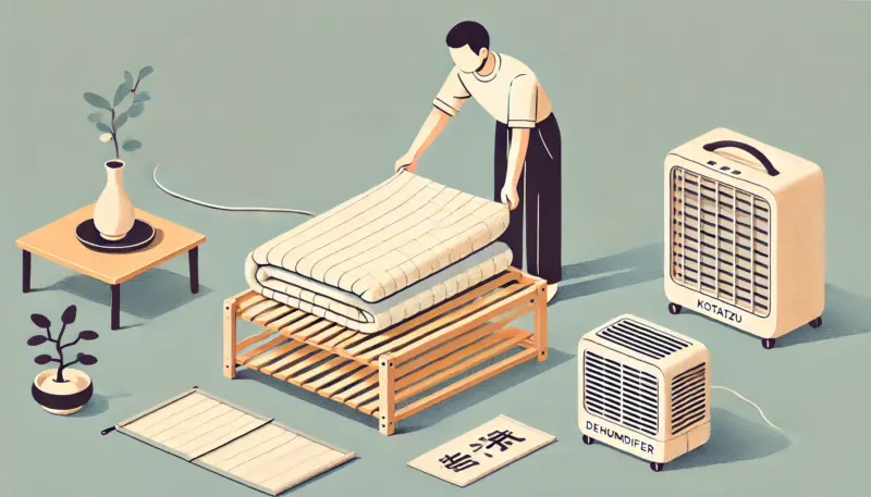 日本人が完全に乾いたこたつ布団を通気性のある布団袋に丁寧に収納している様子。すのこの上に収納し、除湿剤も一緒に置かれている家庭内の保管風景。